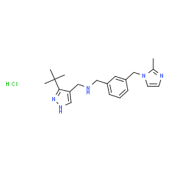 ChemSpider 2D Image | 1-{3-[(2-Methyl-1H-imidazol-1-yl)methyl]phenyl}-N-{[3-(2-methyl-2-propanyl)-1H-pyrazol-4-yl]methyl}methanamine hydrochloride (1:1) | C20H28ClN5