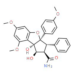 ChemSpider 2D Image | (1R,2R,3S,3aR,8bS)-1,8b-Dihydroxy-6,8-dimethoxy-3a-(4-methoxyphenyl)-3-phenyl-2,3,3a,8b-tetrahydro-1H-benzo[b]cyclopenta[d]furan-2-carboxamide | C27H27NO7