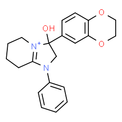 ChemSpider 2D Image | 3-(2,3-Dihydro-1,4-benzodioxin-6-yl)-3-hydroxy-1-phenyl-2,3,5,6,7,8-hexahydro-1H-imidazo[1,2-a]pyridin-4-ium | C21H23N2O3
