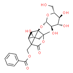 ChemSpider 2D Image | [(1R,3R,4R,6S)-1-(beta-D-Glucopyranosyloxy)-4-hydroxy-6-methyl-8-oxo-7-oxatricyclo[4.3.0.0~3,9~]non-9-yl]methyl benzoate | C23H28O11