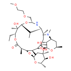 ChemSpider 2D Image | (1R,2R,3R,6R,7S,8S,9R,10R,12R,13S,15R)-3-Ethyl-2,10-dihydroxy-15-[(2-methoxyethoxy)methyl]-2,6,8,10,12,17-hexamethyl-5-oxo-9-{[3,4,6-trideoxy-3-(dimethylamino)-beta-D-xylo-hexopyranosyl]oxy}-4,16-diox
a-14-azabicyclo[11.3.1]heptadec-7-yl 2,6-dideoxy-3-C-methyl-3-O-methyl-alpha-L-ribo-hexopyranoside | C42H78N2O14