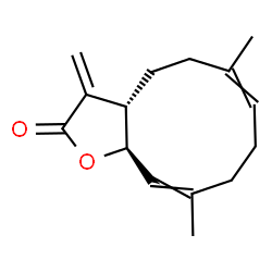 ChemSpider 2D Image | (3aS,11aR)-6,10-Dimethyl-3-methylene-3a,4,5,8,9,11a-hexahydrocyclodeca[b]furan-2(3H)-one | C15H20O2