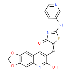 ChemSpider 2D Image | 5-[(6-Hydroxy[1,3]dioxolo[4,5-g]quinolin-7-yl)methylene]-2-(3-pyridinylamino)-1,3-thiazol-4(5H)-one | C19H12N4O4S