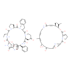 ChemSpider 2D Image | N-[(6R,9S,10R,13S,15aS,24aS)-22-Benzyl-6-ethyl-10,23-dimethyl-5,8,12,15,17,21,24-heptaoxo-13-phenyldocosahydro-12H-pyrido[2,1-f]pyrrolo[2,1-l][1,4,7,10,13,16]oxapentaazacyclononadecin-9-yl]-3-hydroxy-
2-pyridinecarboxamide - (10R,11R,12Z,17Z,19Z,21S)-21-hydroxy-10-isopropyl-11,19-dimethyl-9,26-dioxa-3,15,28-triazatricyclo[23.2.1.0~3,7~]octacosa-1(27),6,12,17,19,25(28)-hexaene-2,8,14,23-tetrone (1:1
) | C71H84N10O17