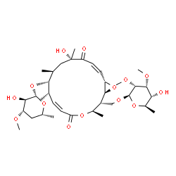 ChemSpider 2D Image | {(1S,2R,3R,6Z,8S,9R,10S,12S,14Z,16S)-9-[(4,6-Dideoxy-3-O-methyl-beta-D-xylo-hexopyranosyl)oxy]-12-hydroxy-3,8,10,12-tetramethyl-5,13-dioxo-4,17-dioxabicyclo[14.1.0]heptadeca-6,14-dien-2-yl}methyl 6-de
oxy-2,3-di-O-methyl-beta-D-allopyranoside | C35H56O14