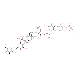 ChemSpider 2D Image | 3-O-[(2S,3R,4R)-3,4-Dihydroxy-4-(hydroxymethyl)tetrahydro-2-furanyl]-beta-D-xylopyranosyl-(1->4)-6-deoxy-alpha-L-mannopyranosyl-(1->2)-1-O-[(2beta,3beta,16alpha)-3-{[6-O-(beta-D-glucopyranosyl)-beta-D
-glucopyranosyl]oxy}-16,23-dihydroxy-24,28-dioxo-2,24-epoxyolean-12-en-28-yl]-alpha-L-arabinopyranose | C63H98O33