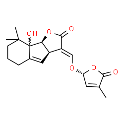 ChemSpider 2D Image | (3E,3aR,8bS)-8a-Hydroxy-8,8-dimethyl-3-({[(2R)-4-methyl-5-oxo-2,5-dihydro-2-furanyl]oxy}methylene)-3,3a,5,6,7,8,8a,8b-octahydro-2H-indeno[1,2-b]furan-2-one | C19H22O6