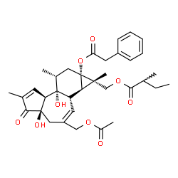 ChemSpider 2D Image | [(1S,1aR,1bS,4aR,7aS,7bR,8R,9aS)-3-(Acetoxymethyl)-4a,7b-dihydroxy-1,6,8-trimethyl-5-oxo-9a-(2-phenylacetoxy)-1a,1b,4,4a,5,7a,7b,8,9,9a-decahydro-1H-cyclopropa[3,4]benzo[1,2-e]azulen-1-yl]methyl 2-met
hylbutanoate | C35H44O9