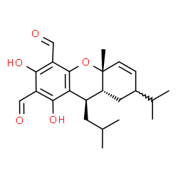 ChemSpider 2D Image | (4aR,9R,9aR)-6,8-Dihydroxy-9-isobutyl-2-isopropyl-4a-methyl-2,4a,9,9a-tetrahydro-1H-xanthene-5,7-dicarbaldehyde | C23H30O5