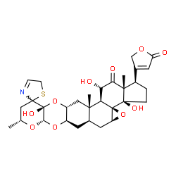 ChemSpider 2D Image | (1R,3aR,3bR,4aS,5aR,6aR,7aS,9R,11aR,12aR,13aS,13bS,14S,15aR)-3a,11a,14-Trihydroxy-9,13a,15a-trimethyl-1-(5-oxo-2,5-dihydro-3-furanyl)-2,3,3a,4a,5,5a,6,6a,7a,9,10,11a,12a,13,13a,13b,14,15a-octadecahydr
o-5'H-spiro[cyclopenta[7,8]oxireno[8a,9]phenanthro[2,3-b]pyrano[3,2-e][1,4]dioxine-11,2'-[1,3]thiazol]-15(1H)-one | C31H39NO10S