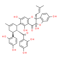 ChemSpider 2D Image | 2-[(1S,5S,6R)-6-(2,4-Dihydroxybenzoyl)-5-(2,4-dihydroxyphenyl)-3-methyl-2-cyclohexen-1-yl]-1,3,8,10a-tetrahydroxy-5a-(3-methyl-2-buten-1-yl)-5a,10a-dihydro-11H-[1]benzofuro[3,2-b]chromen-11-one | C40H36O12