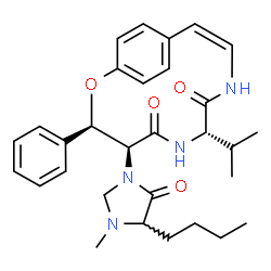 ChemSpider 2D Image | (3R,4S,7S,10Z)-4-(4-Butyl-3-methyl-5-oxo-1-imidazolidinyl)-7-isopropyl-3-phenyl-2-oxa-6,9-diazabicyclo[10.2.2]hexadeca-1(14),10,12,15-tetraene-5,8-dione | C30H38N4O4