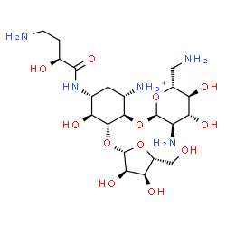 ChemSpider 2D Image | (1S,2R,3R,4S,5R)-5-{[(2S)-4-Amino-2-hydroxybutanoyl]amino}-2-[(2,6-diamino-2,6-dideoxy-alpha-D-glucopyranosyl)oxy]-4-hydroxy-3-(beta-D-ribofuranosyloxy)cyclohexanaminium | C21H42N5O12