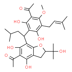 ChemSpider 2D Image | 1-[3-{1-[5-Acetyl-4,6-dihydroxy-2-(2-hydroxy-2-propanyl)-2,3-dihydro-1-benzofuran-7-yl]-3-methylbutyl}-2,4-dihydroxy-6-methoxy-5-(3-methyl-2-buten-1-yl)phenyl]ethanone | C32H42O9
