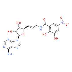 ChemSpider 2D Image | N-{(2E)-3-[(2R,3S,4R,5R)-5-(6-Amino-9H-purin-9-yl)-3,4-dihydroxytetrahydro-2-furanyl]-2-propen-1-yl}-2,3-dihydroxy-5-nitrobenzamide | C19H19N7O8