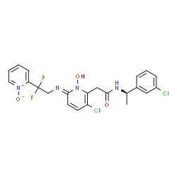 ChemSpider 2D Image | 2-[(6E)-3-Chloro-6-{[2,2-difluoro-2-(1-oxido-2-pyridinyl)ethyl]imino}-1-hydroxy-1,6-dihydro-2-pyridinyl]-N-[(1R)-1-(3-chlorophenyl)ethyl]acetamide | C22H20Cl2F2N4O3