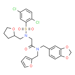 ChemSpider 2D Image | N-(1,3-Benzodioxol-5-ylmethyl)-N~2~-[(2,5-dichlorophenyl)sulfonyl]-N-(2-furylmethyl)-N~2~-(tetrahydro-2-furanylmethyl)glycinamide | C26H26Cl2N2O7S