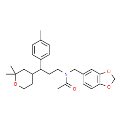 ChemSpider 2D Image | N-(benzo[d][1,3]dioxol-5-ylmethyl)-N-(3-(2,2-dimethyl-tetrahydro-2H-pyran-4-yl)-3-p-tolylpropyl)acetamide | C27H35NO4