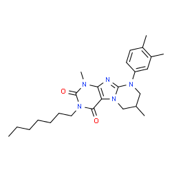 ChemSpider 2D Image | 9-(3,4-Dimethylphenyl)-3-heptyl-1,7-dimethyl-6,7,8,9-tetrahydropyrimido[2,1-f]purine-2,4(1H,3H)-dione | C25H35N5O2
