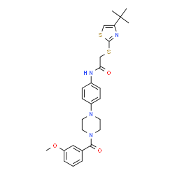 ChemSpider 2D Image | N-{4-[4-(3-Methoxybenzoyl)-1-piperazinyl]phenyl}-2-{[4-(2-methyl-2-propanyl)-1,3-thiazol-2-yl]sulfanyl}acetamide | C27H32N4O3S2