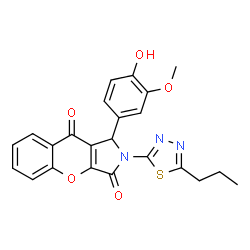 ChemSpider 2D Image | 1-(4-Hydroxy-3-methoxyphenyl)-2-(5-propyl-1,3,4-thiadiazol-2-yl)-1,2-dihydrochromeno[2,3-c]pyrrole-3,9-dione | C23H19N3O5S