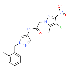 ChemSpider 2D Image | 2-(4-Chloro-5-methyl-3-nitro-1H-pyrazol-1-yl)-N-[1-(2-methylbenzyl)-1H-pyrazol-4-yl]acetamide | C17H17ClN6O3