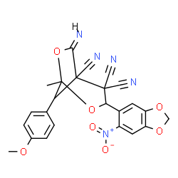 ChemSpider 2D Image | (6Z)-6-Imino-8-(4-methoxyphenyl)-1-methyl-3-(6-nitro-1,3-benzodioxol-5-yl)-2,7-dioxabicyclo[3.2.1]octane-4,4,5-tricarbonitrile | C24H17N5O7