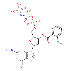 ChemSpider 2D Image | 2-Amino-9-{2-deoxy-5-O-(hydroxy{[hydroxy(phosphonoamino)phosphoryl]oxy}phosphoryl)-3-O-[2-(methylamino)benzoyl]pentofuranosyl}-3,9-dihydro-6H-purin-6-one | C18H24N7O13P3