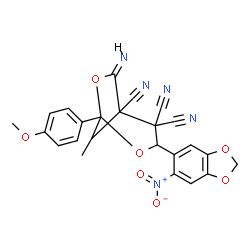 ChemSpider 2D Image | (6Z)-6-Imino-1-(4-methoxyphenyl)-8-methyl-3-(6-nitro-1,3-benzodioxol-5-yl)-2,7-dioxabicyclo[3.2.1]octane-4,4,5-tricarbonitrile | C24H17N5O7