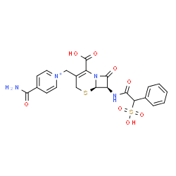 ChemSpider 2D Image | 4-Carbamoyl-1-{[(6R,7R)-2-carboxy-8-oxo-7-{[phenyl(sulfo)acetyl]amino}-5-thia-1-azabicyclo[4.2.0]oct-2-en-3-yl]methyl}pyridinium | C22H21N4O8S2