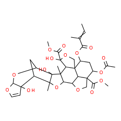 ChemSpider 2D Image | Dimethyl 23-acetoxy-4,7,14-trihydroxy-6,16-dimethyl-25-[(2-methyl-2-butenoyl)oxy]-3,9,11,17,20-pentaoxaoctacyclo[17.6.1.1~8,15~.0~1,5~.0~6,18~.0~7,16~.0~10,14~.0~22,26~]heptacos-12-ene-4,22-dicarboxyl
ate | C35H44O16