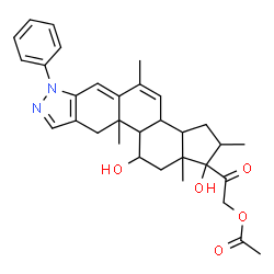 ChemSpider 2D Image | 2-(1,11-Dihydroxy-2,5,10a,12a-tetramethyl-7-phenyl-1,2,3,3a,3b,7,10,10a,10b,11,12,12a-dodecahydrocyclopenta[5,6]naphtho[1,2-f]indazol-1-yl)-2-oxoethyl acetate | C32H38N2O5