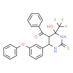 ChemSpider 2D Image | [4-Hydroxy-6-(3-phenoxyphenyl)-2-thioxo-4-(trifluoromethyl)hexahydro-5-pyrimidinyl](phenyl)methanone | C24H19F3N2O3S