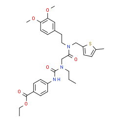 ChemSpider 2D Image | Ethyl 4-{[(2-{[2-(3,4-dimethoxyphenyl)ethyl][(5-methyl-2-thienyl)methyl]amino}-2-oxoethyl)(propyl)carbamoyl]amino}benzoate | C31H39N3O6S
