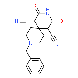 ChemSpider 2D Image | 9-Benzyl-2,4-dioxo-3,9-diazaspiro[5.5]undecane-1,5-dicarbonitrile | C18H18N4O2