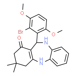 ChemSpider 2D Image | 11-(2-Bromo-3,6-dimethoxyphenyl)-3,3-dimethyl-2,3,4,5,10,11-hexahydro-1H-dibenzo[b,e][1,4]diazepin-1-one | C23H25BrN2O3