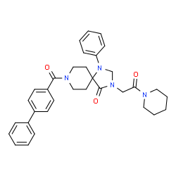 ChemSpider 2D Image | 8-(4-Biphenylylcarbonyl)-3-[2-oxo-2-(1-piperidinyl)ethyl]-1-phenyl-1,3,8-triazaspiro[4.5]decan-4-one | C33H36N4O3