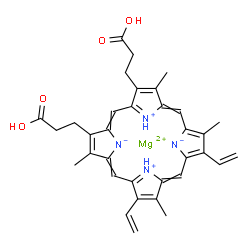 ChemSpider 2D Image | magnesium;3-[18-(2-carboxyethyl)-3,8,13,17-tetramethyl-7,12-divinyl-porphyrin-22,24-diium-21,23-diid-2-yl]propanoic acid | C34H34MgN4O4