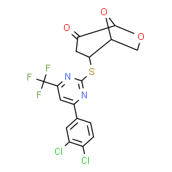 ChemSpider 2D Image | 2-{[4-(3,4-Dichlorophenyl)-6-(trifluoromethyl)-2-pyrimidinyl]sulfanyl}-6,8-dioxabicyclo[3.2.1]octan-4-one | C17H11Cl2F3N2O3S