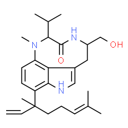 ChemSpider 2D Image | 9-(3,7-Dimethyl-1,6-octadien-3-yl)-5-(hydroxymethyl)-2-isopropyl-1-methyl-1,2,4,5,6,8-hexahydro-3H-[1,4]diazonino[7,6,5-cd]indol-3-one | C27H39N3O2