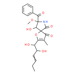ChemSpider 2D Image | 8-Benzoyl-2-(1,2-dihydroxy-3-hexen-1-yl)-9-hydroxy-8-methoxy-3-methyl-1-oxa-7-azaspiro[4.4]non-2-ene-4,6-dione | C22H25NO8