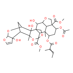 ChemSpider 2D Image | Dimethyl 18-acetoxy-2,9,23-trihydroxy-11,15-dimethyl-16-[(2-methyl-2-butenoyl)oxy]-4,6,12,21,25-pentaoxaoctacyclo[11.10.2.1~3,10~.1~15,19~.0~1,14~.0~2,11~.0~5,9~.0~22,26~]heptacos-7-ene-13,19-dicarbox
ylate | C35H44O16