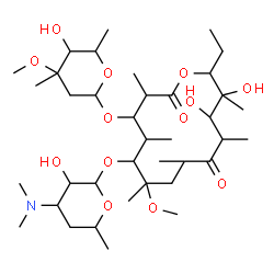 ChemSpider 2D Image | 6-{[4-(dimethylamino)-3-hydroxy-6-methyltetrahydro-2H-pyran-2-yl]oxy}-14-ethyl-12,13-dihydroxy-4-[(5-hydroxy-4-methoxy-4,6-dimethyltetrahydro-2H-pyran-2-yl)oxy]-7-methoxy-3,5,7,9,11,13-hexamethyloxacyclotetradecane-2,10-dione | C38H69NO13