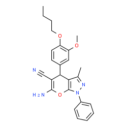 ChemSpider 2D Image | 6-Amino-4-(4-butoxy-3-methoxyphenyl)-3-methyl-1-phenyl-1,4-dihydropyrano[2,3-c]pyrazole-5-carbonitrile | C25H26N4O3