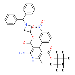 ChemSpider 2D Image | 3-[1-(Diphenylmethyl)-3-azetidinyl] 5-(~2~H_7_)-2-propanyl 2-amino-6-methyl-4-(3-nitrophenyl)-1,4-dihydro-3,5-pyridinedicarboxylate | C33H27D7N4O6