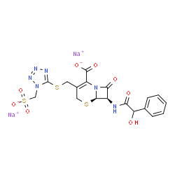ChemSpider 2D Image | Disodium (6R,7R)-7-{[hydroxy(phenyl)acetyl]amino}-8-oxo-3-({[1-(sulfonatomethyl)-1H-tetrazol-5-yl]sulfanyl}methyl)-5-thia-1-azabicyclo[4.2.0]oct-2-ene-2-carboxylate | C18H16N6Na2O8S3