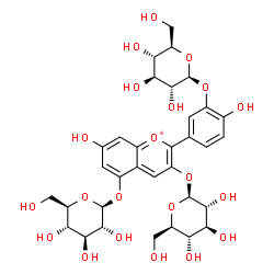 ChemSpider 2D Image | 5-[3,5-Bis(beta-D-glucopyranosyloxy)-7-hydroxy-2-chromeniumyl]-2-hydroxyphenyl beta-D-glucopyranoside | C33H41O21