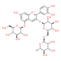 ChemSpider 2D Image | 3-[6-O-(6-deoxy-alpha-L-mannopyranosyl)-beta-D-glucopyranosyloxy]-2-(3,4-dihydroxyphenyl)-7-hydroxychromenium-5-yl beta-D-glucopyranoside | C33H41O20