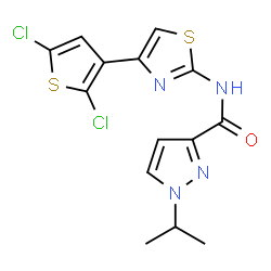 ChemSpider 2D Image | N-[4-(2,5-Dichloro-3-thienyl)-1,3-thiazol-2-yl]-1-isopropyl-1H-pyrazole-3-carboxamide | C14H12Cl2N4OS2