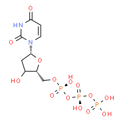 ChemSpider 2D Image | 1-{(3xi)-2-Deoxy-5-O-[(R)-hydroxy{[(S)-hydroxy(phosphonooxy)phosphoryl]oxy}phosphoryl]-beta-D-glycero-pentofuranosyl}-2,4(1H,3H)-pyrimidinedione | C9H15N2O14P3